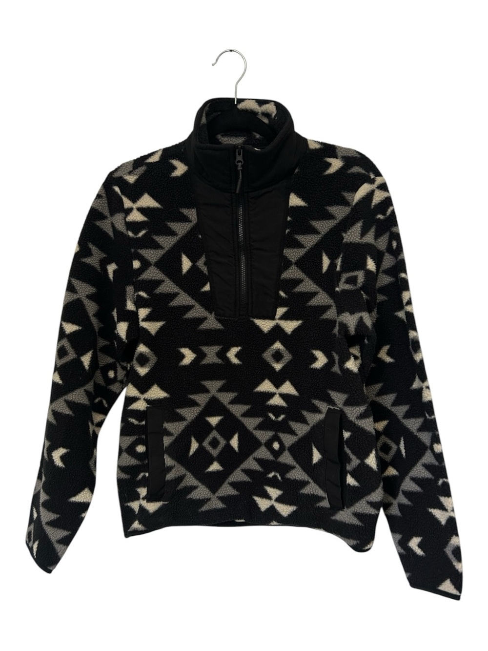 Old Navy Black & Cream Geometric Quarter-Zip Fleece Pullover